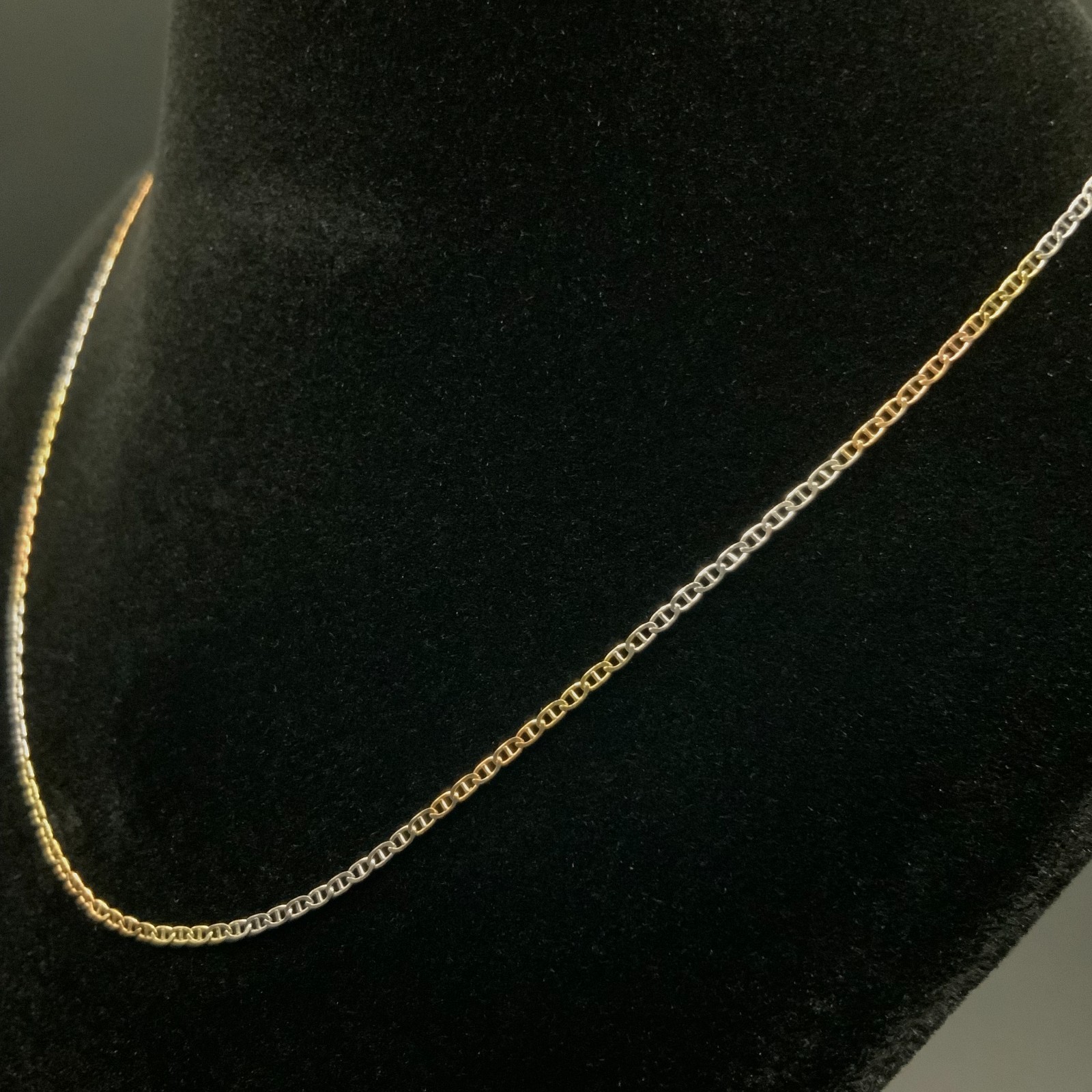 14k Gold Tri-Color Mariner Chain Necklace – 16” 1.5mm 1.4g – 925 Sterling Silver