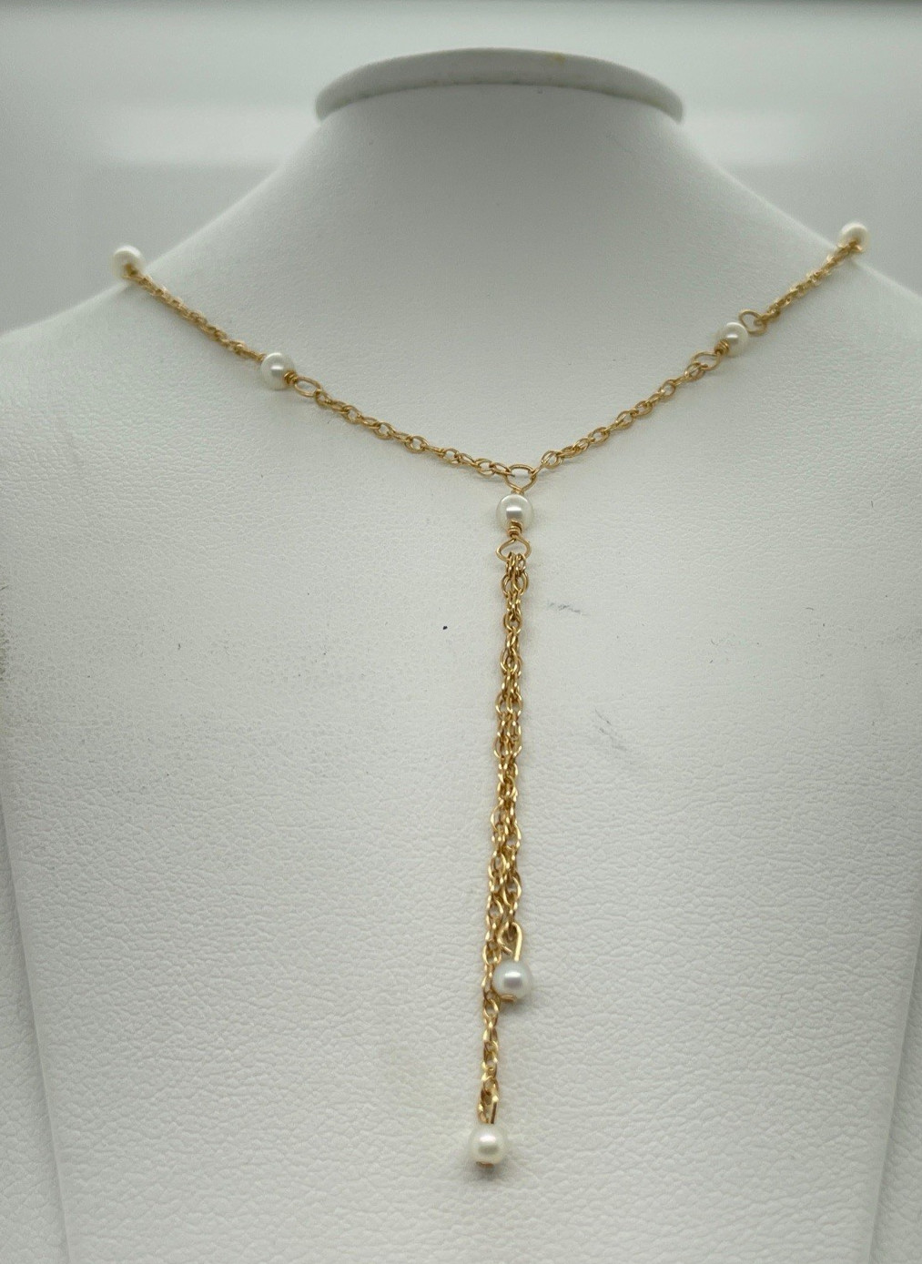 14k Yellow Gold Round Pearl Y Necklace 16 1/4” – 2 Grams