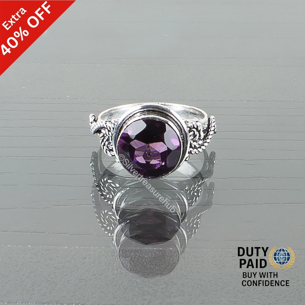 February Birth Round Natural African Amethyst Boho Band Ring 925 Sterling Silver