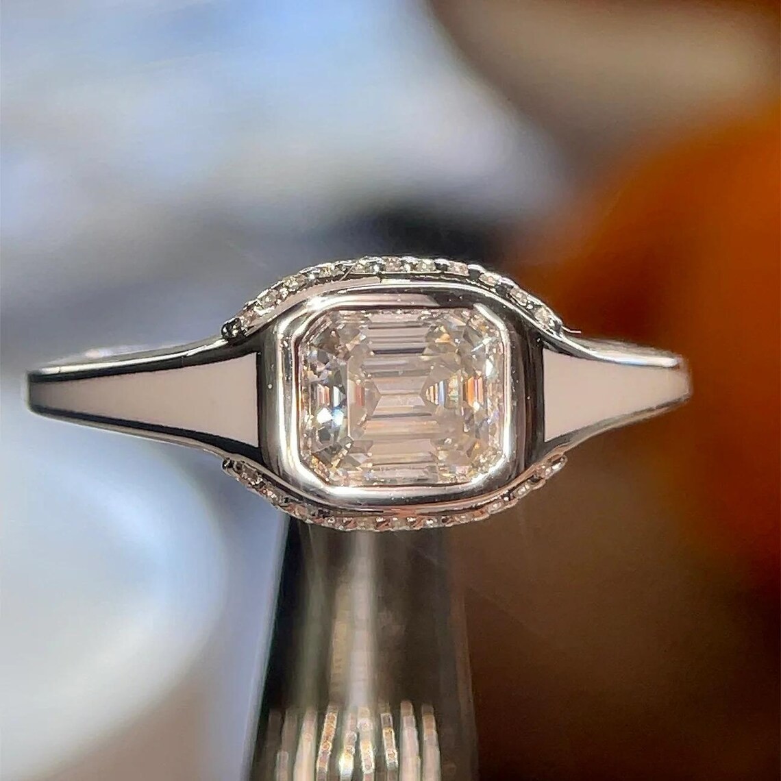 FINE JEWELRY RING Black & White Enamel Moissanite Ring 1.5ct Emerald Cut, D