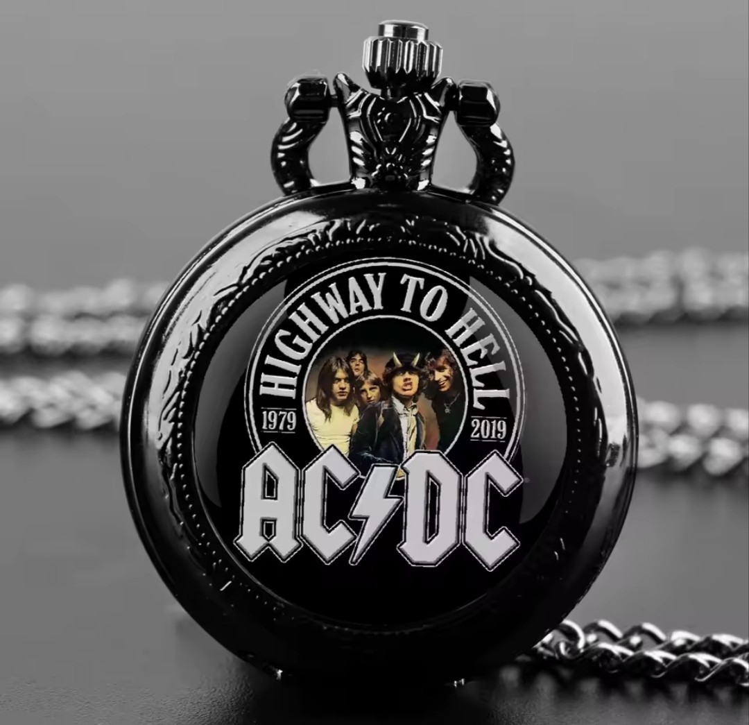 AC/DC Rock Band Pocket Watch – Black Stainless Steel Quartz Necklace with Chain