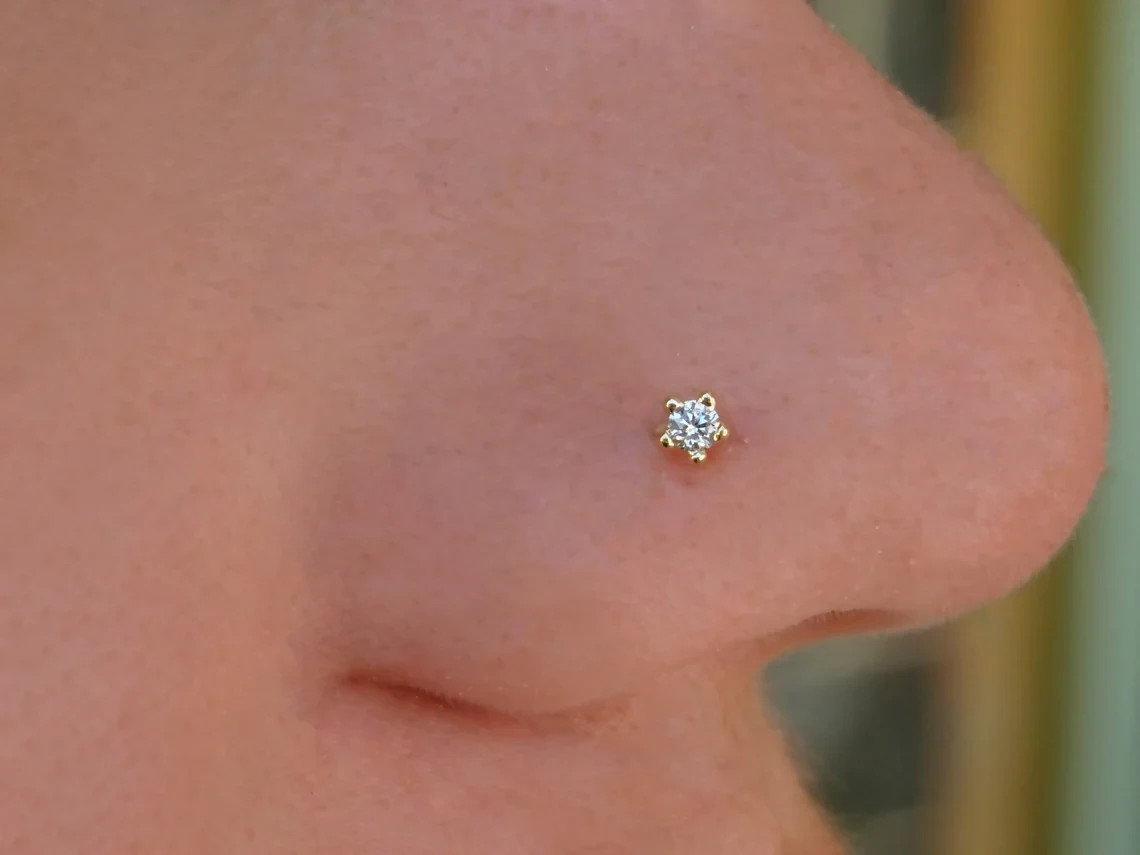 0.05 Ct Round Cut Lab Grown Diamond Nose Piercing Stud Pin 14K Yellow Gold