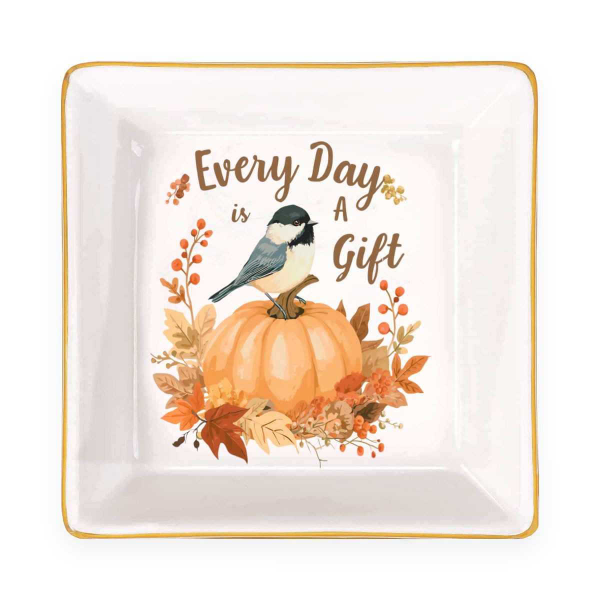 Every Day Is A Gift Bird on Pumpkin Jewelry Dish Trinket Ring Holder Fall Decor