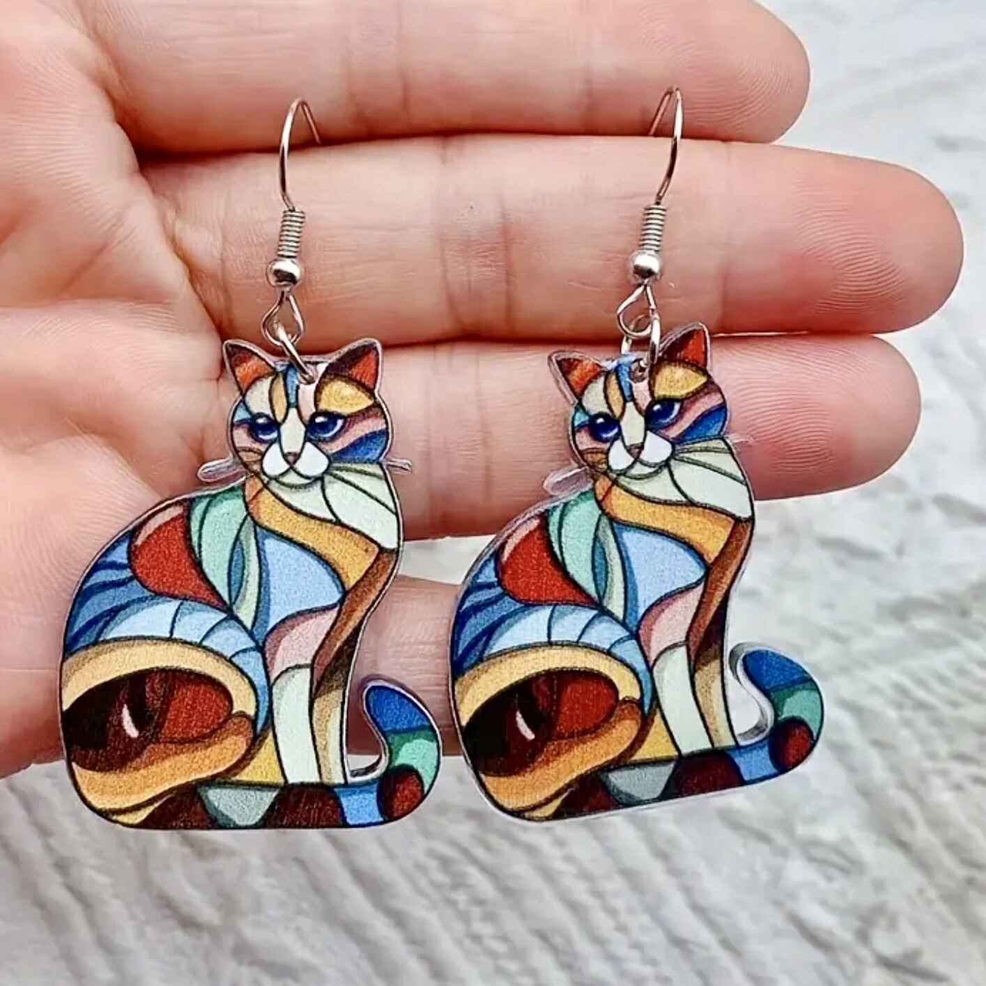 Colorful Stained Glass Cats, Dangling Earrings, 2D Acrylic, alloy metal