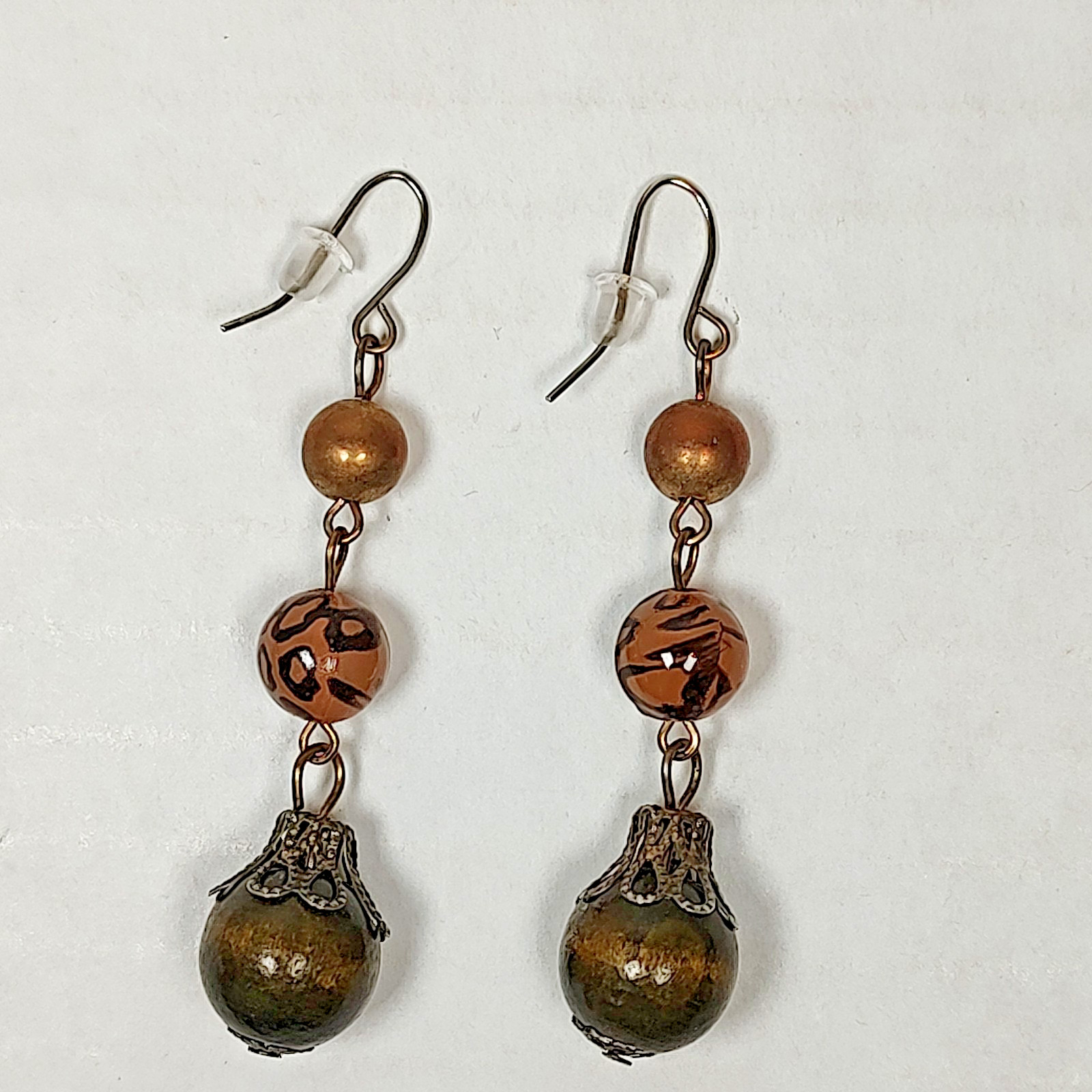VTG Style Bronze Tone Metal Earth Tone Beaded Dangle Drop Hook Fashion Earrings