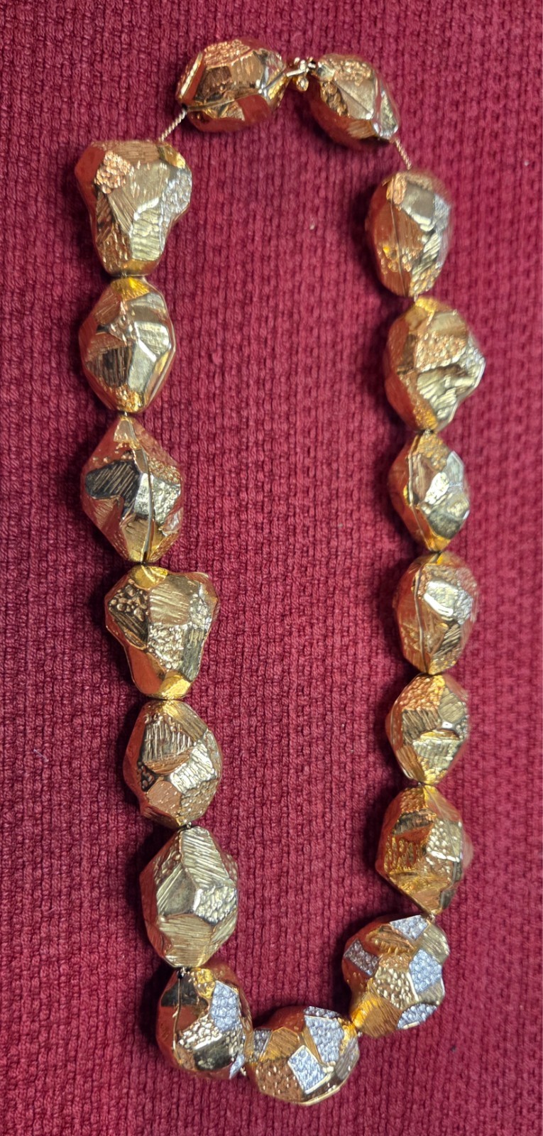 Vintage Gold Tone Nugget Chunky Statement Necklace with Rhinestones 18″ Length