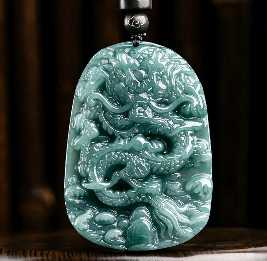 Certified Natural Ice Green Burma A Jade jadeite Dragon Lucky Pendant Necklace