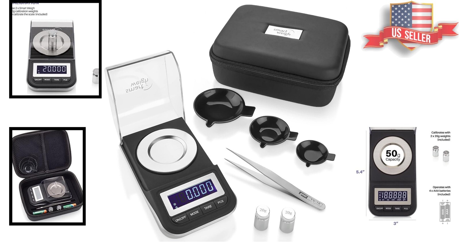 Versatile 50g Digital Scale with Tare Function & Calibration Weights Included