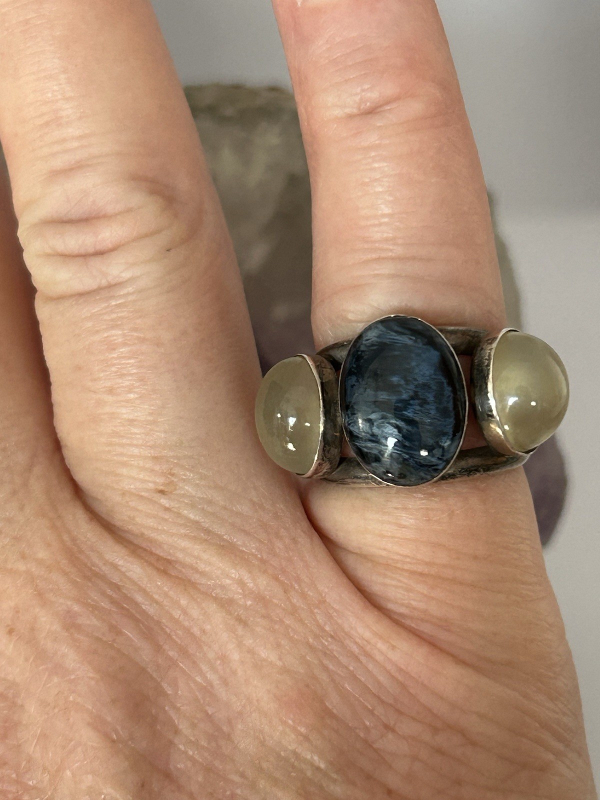 Jay King DTR .925 Sterling with Blue Pietersite and Pale Moonstones Ring size 6
