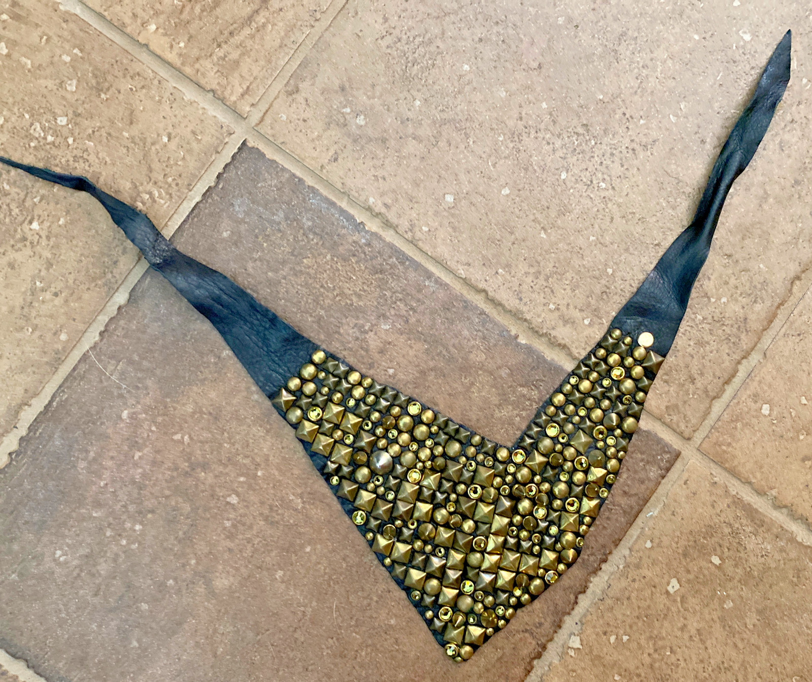 Nicolina Royale VIntage Leather Studded Bandana Collar Gold Gothic Punk Rocker