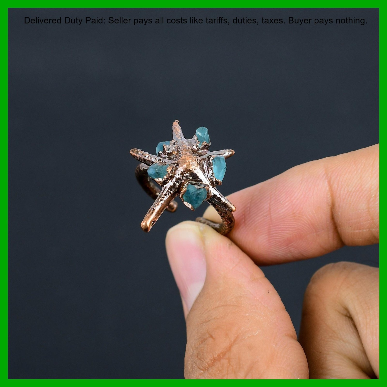 Pentagon Aquamarine Rough Stone New Electroformed Engagement Ring Jewelry Copper