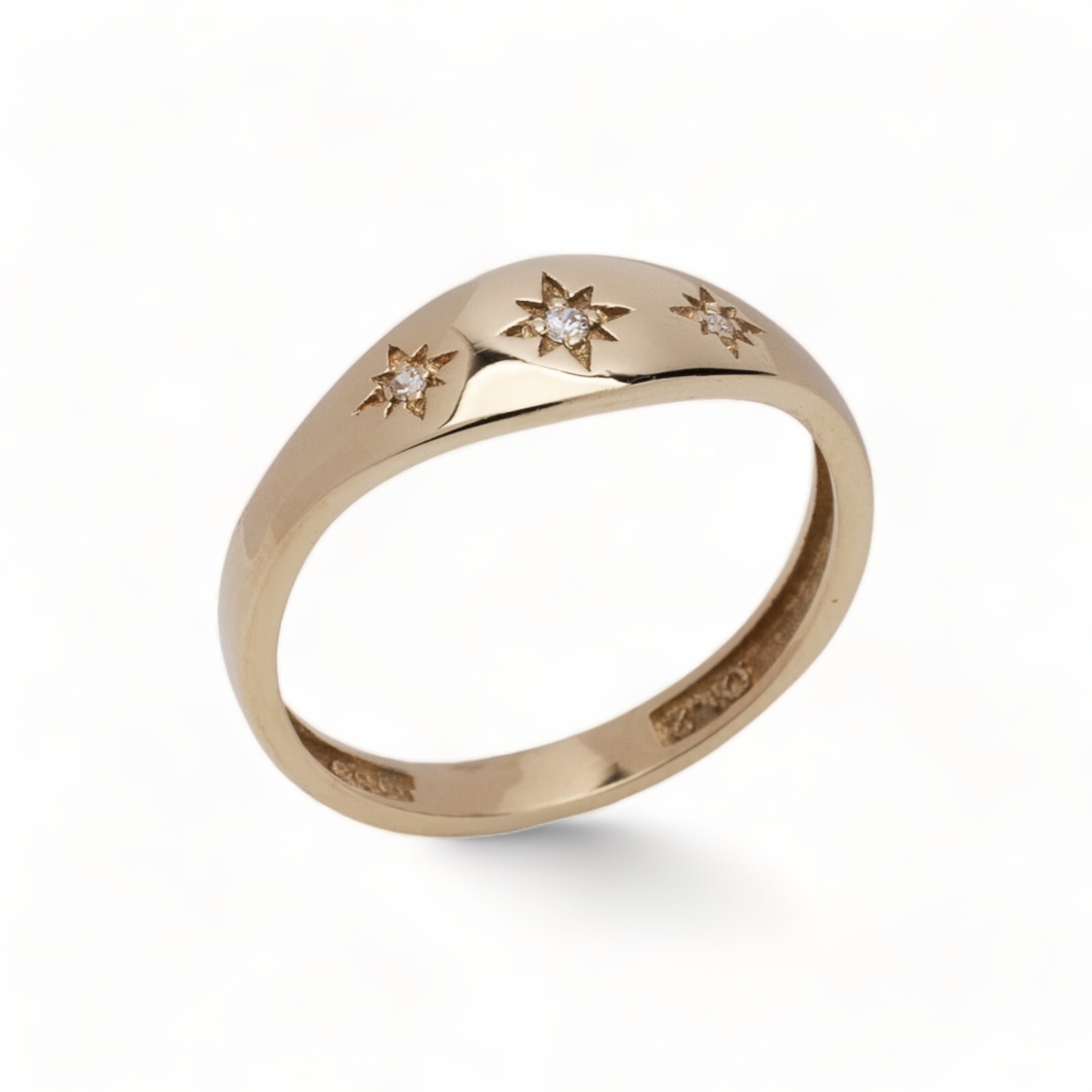 9k Solid Gold Starburst Signet Ring: Cubic Zirconia Polaris Ring