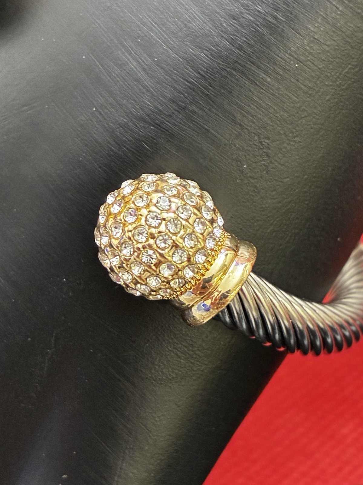 Two-Tone Twisted Cable Cuff Bracelet with Crystal Ball Ends Stainless Steel