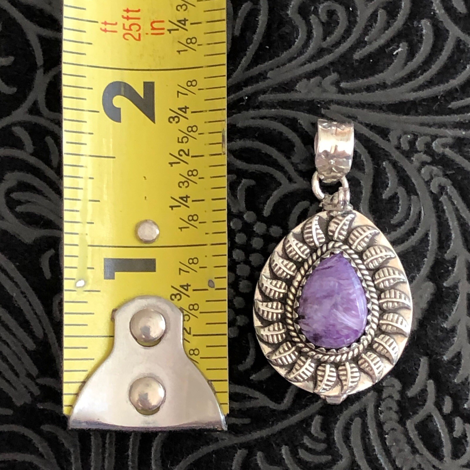 Sterling Silver Charoite Stone Feather Detail Poison Pendant Stamped 925