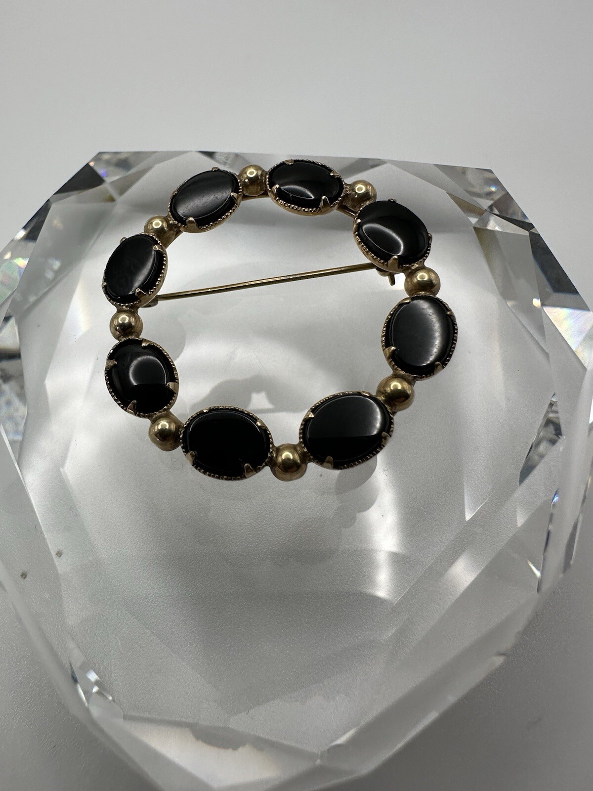 Vintage Bal Ron 12k GG Circle Onyx Brooch 3.6cm JB10