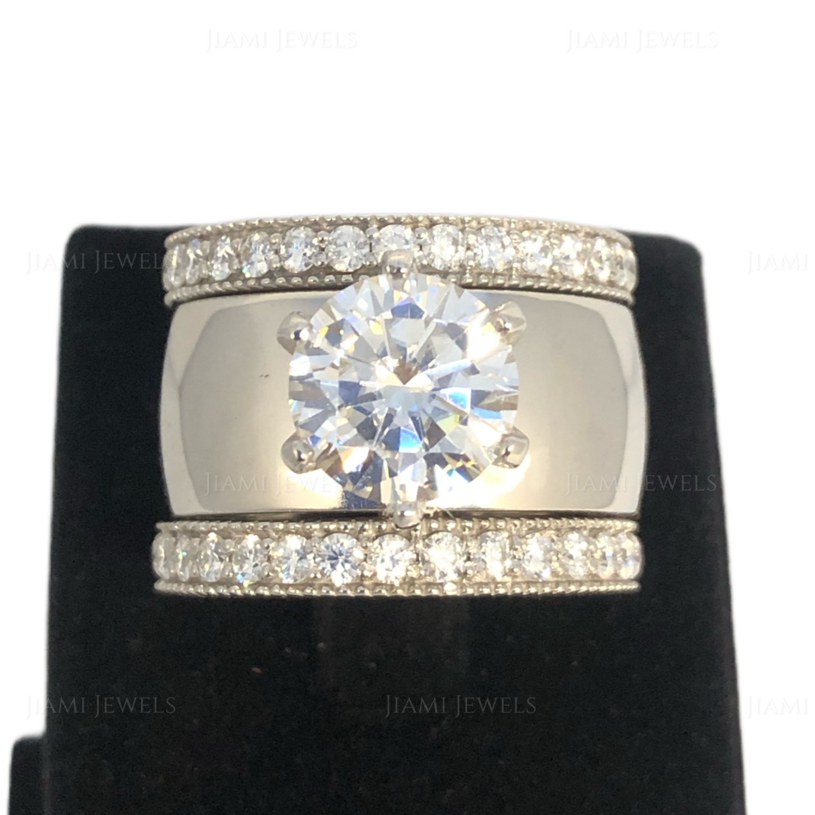 5Ct GRA Moissanite Bridal Trio Ring Set Wide Band 925 Silver White Gold Finish