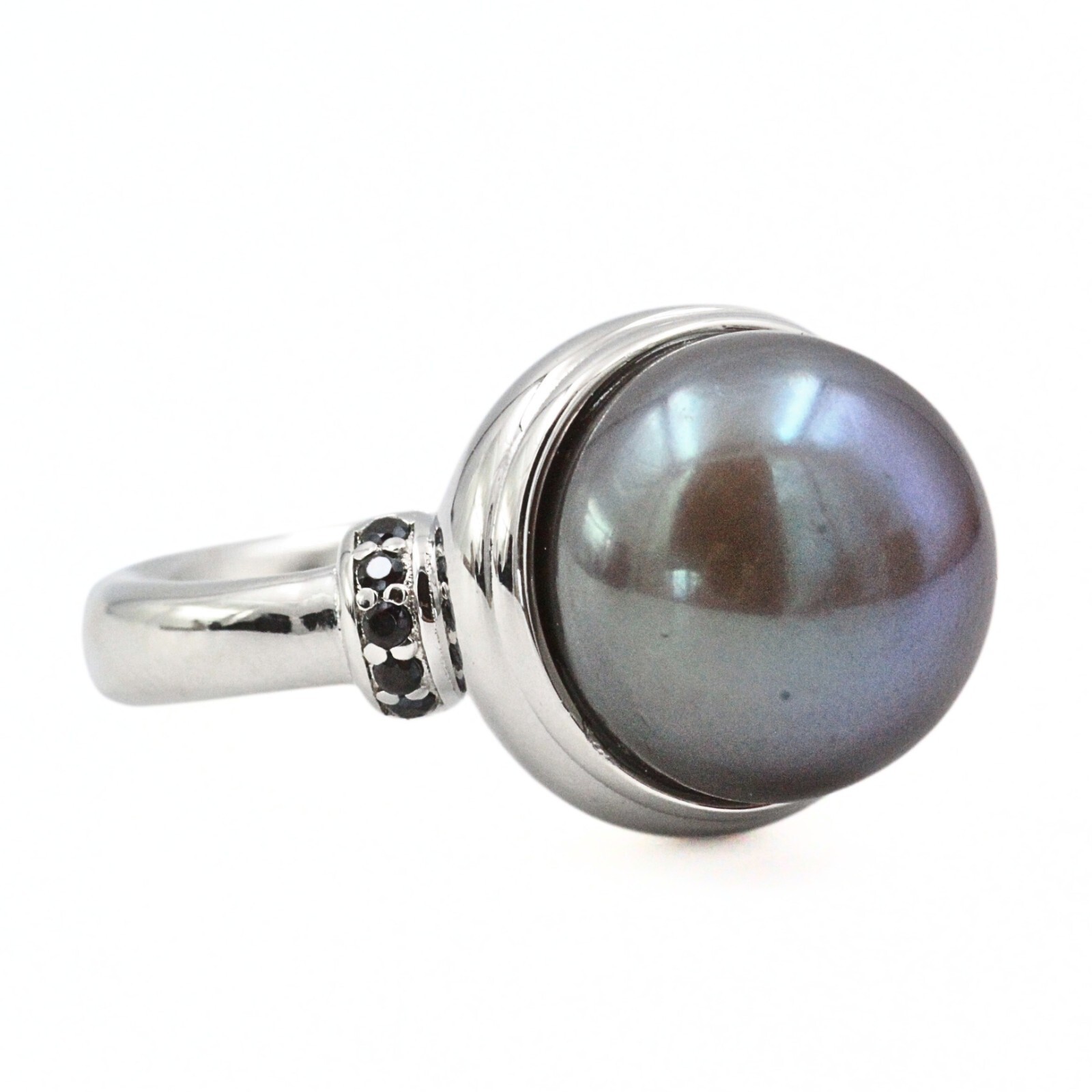 Bronze Signed Made in Italy Stainless Steel Black Freshwater Pearl Ring Sz 7