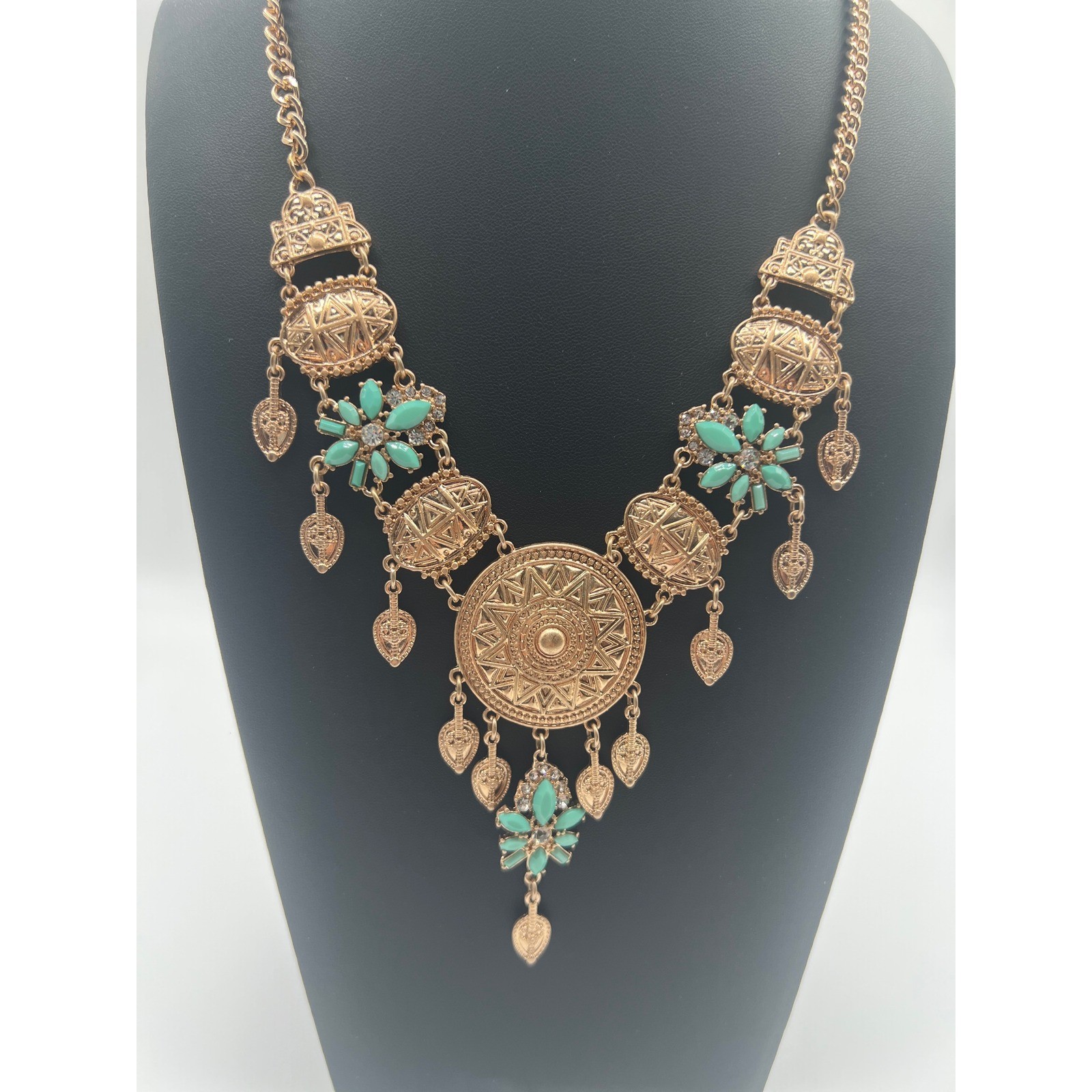 Boho Gold Tone Turquoise Floral Statement Bib Necklace Sunburst Dangle Eclectic