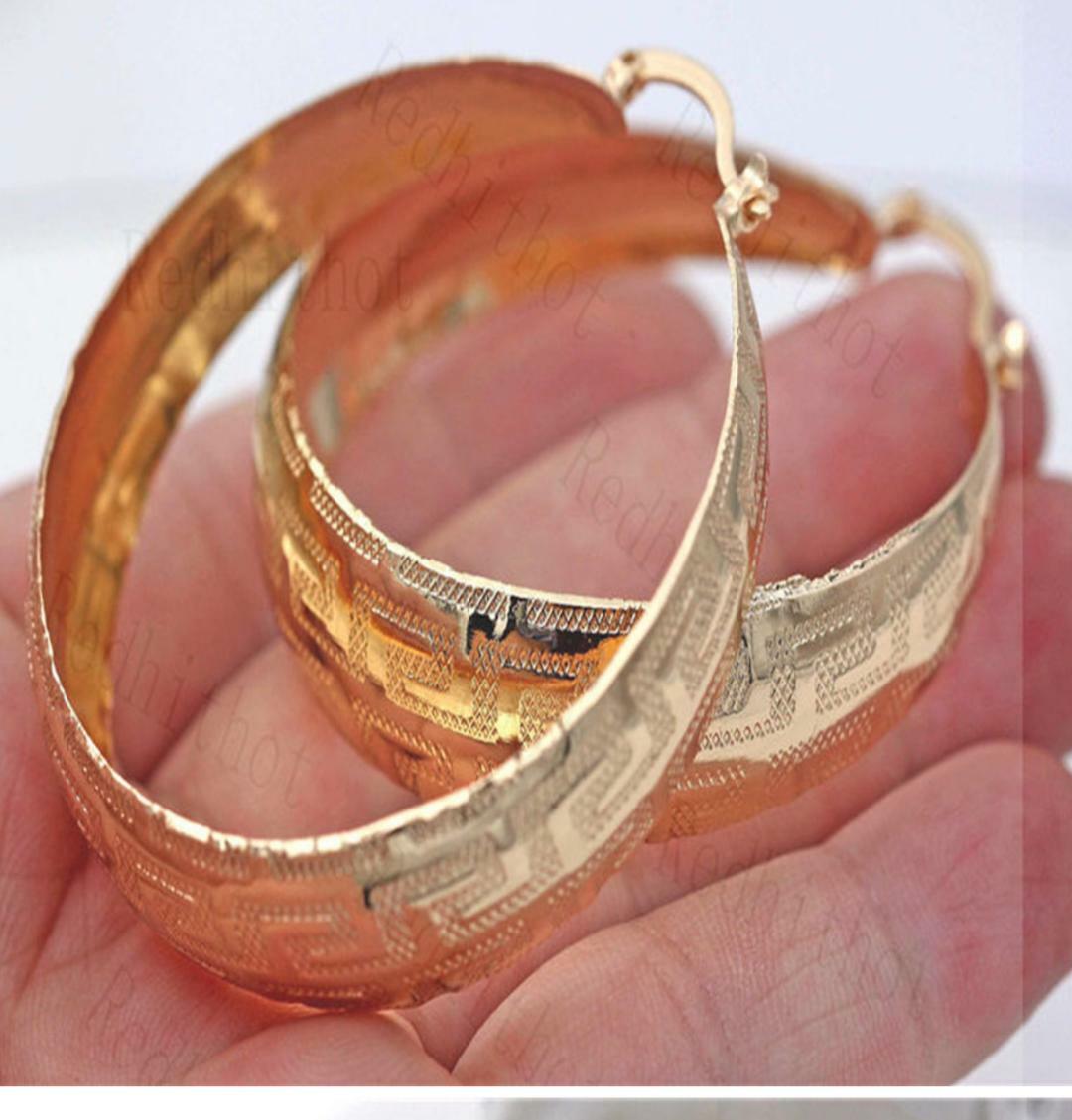NEW LARGE GREEK KEY ROUND HOOP EARRINGS YELLOW GOLD PLATED LIGHT WEIGHT