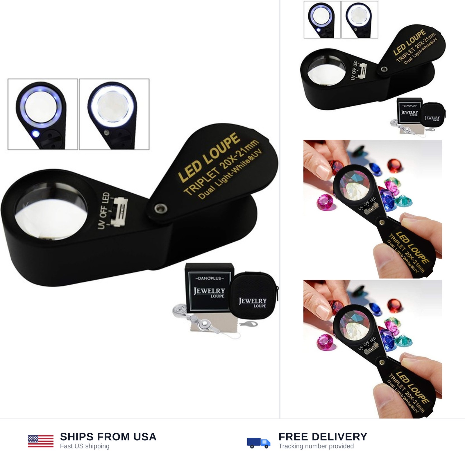 20x Magnifier Jewelry Loupe LED UV 21mm Triplet Lens Optical Glass, Pocket Ge…