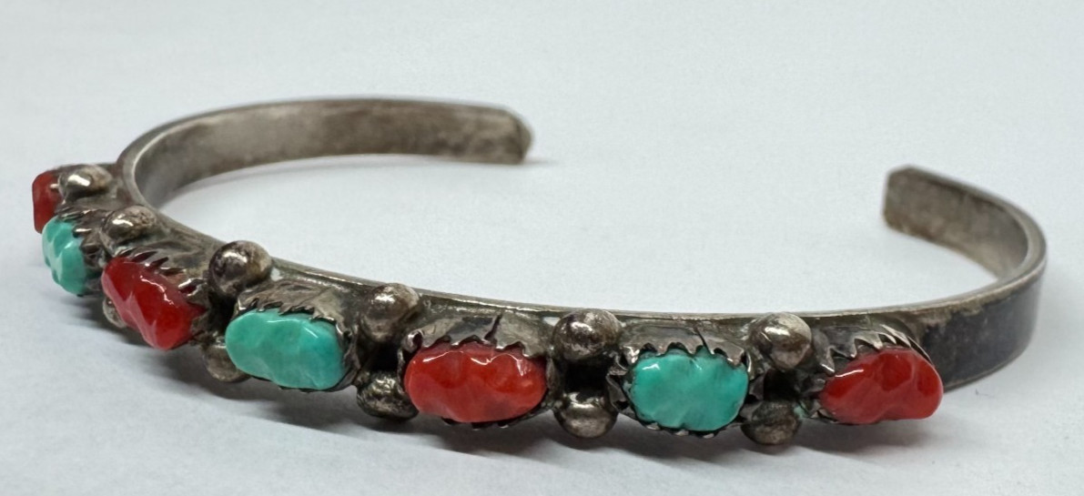 Vintage Native American SS Turquoise & Red Coral Cuff Bracelet [056GRS]