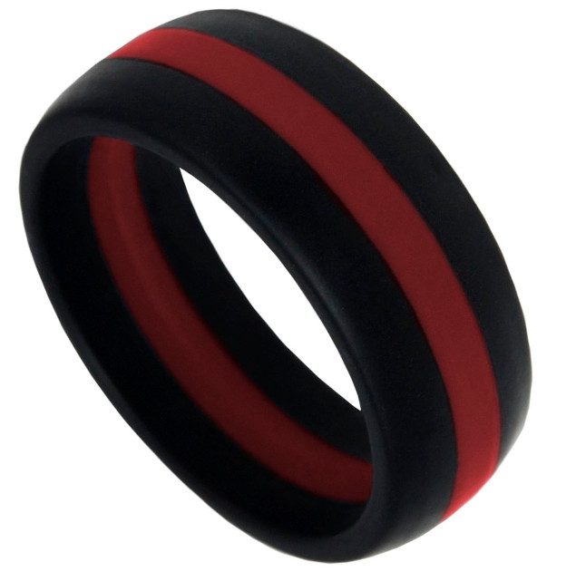 8MM Thin Red Line Black Dome Silicone Wedding Ring Sizes 7 9 10 11 12 13 14 15