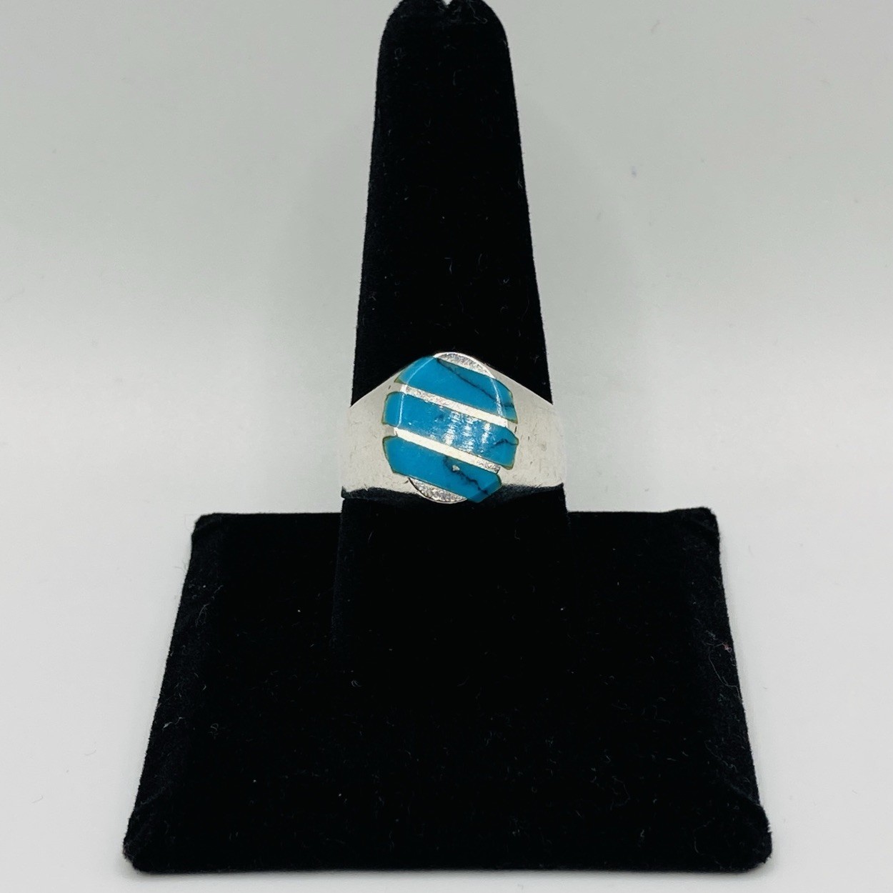 Vintage Taxco 925 Sterling Silver Turquoise Signet Ring Size 10 Linear Inlay 9g