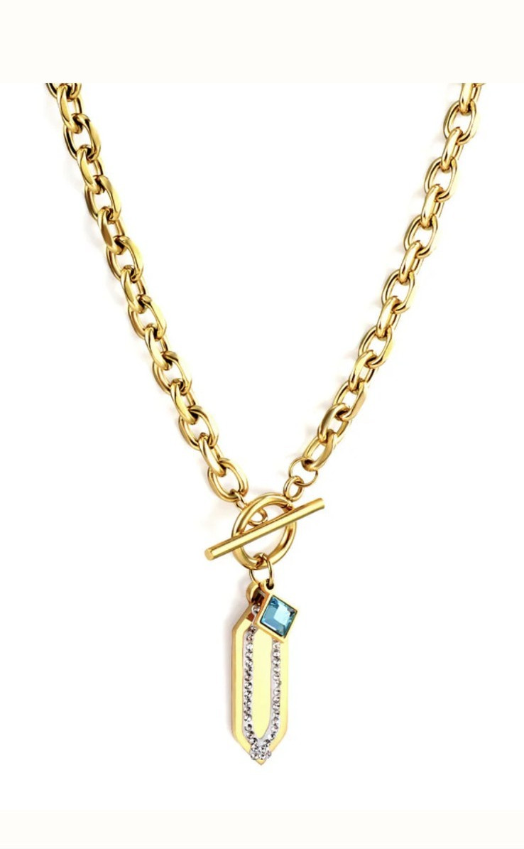 Gold Tone Stainless Steel Square Blue Crystal Charm Pendant Necklace, Toggle