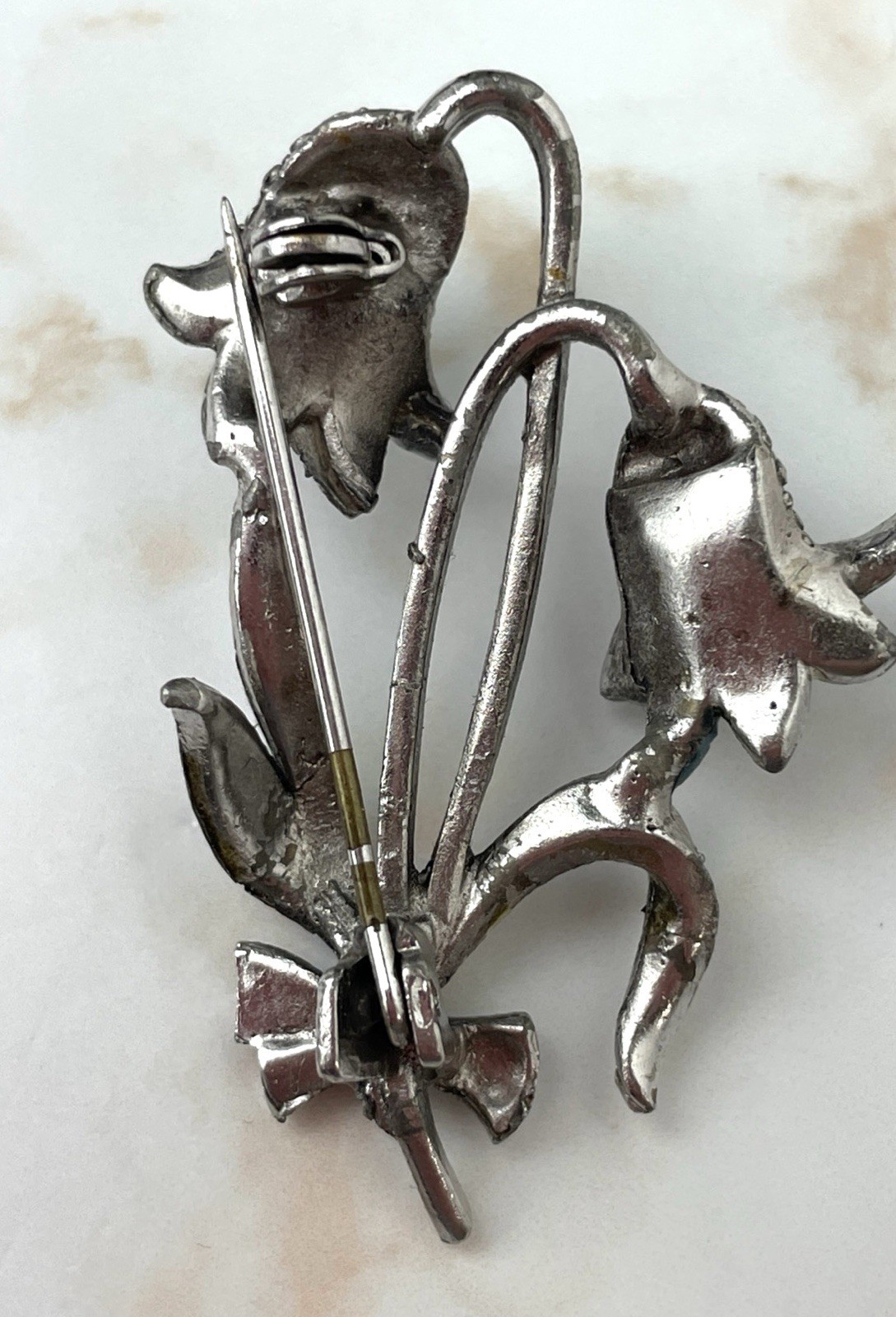 Vintage Marcasite Silver Toned Metal And Enamel Bluebell Flower Brooch – Read