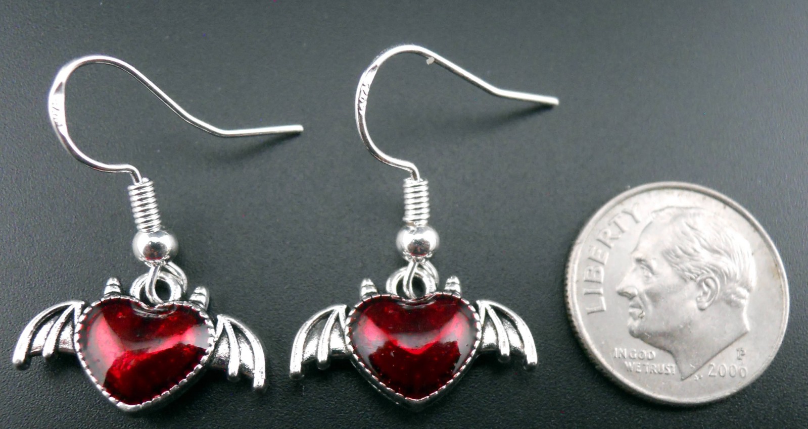 Blood Red Heart Earrings Sterling Silver Ear Wires Goth Bat Wings Devil Hearts