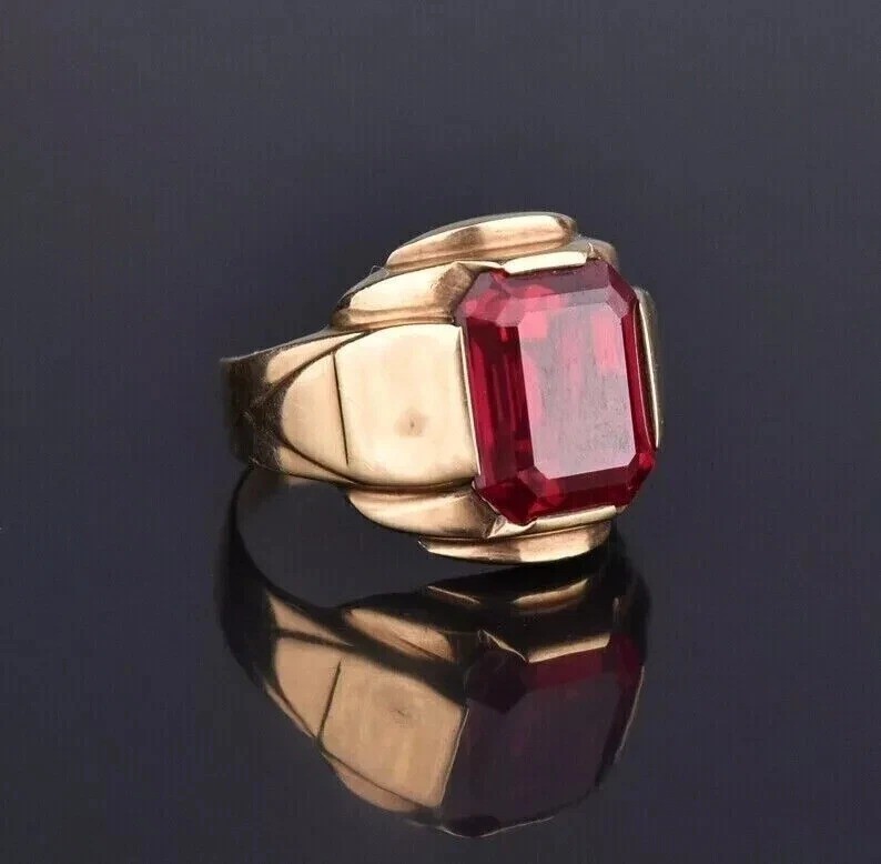 3 CT Lab-Created Red Garnet Vintage Ring Men’s Band 14K Yellow Gold Plated SZ-10