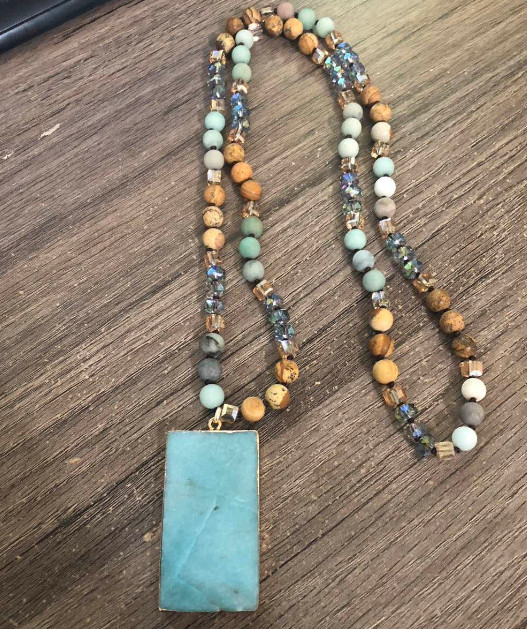 Amazonite & Jasper Beaded Natural Stone Necklace – Amazonite Pendant 18″ *NEW*