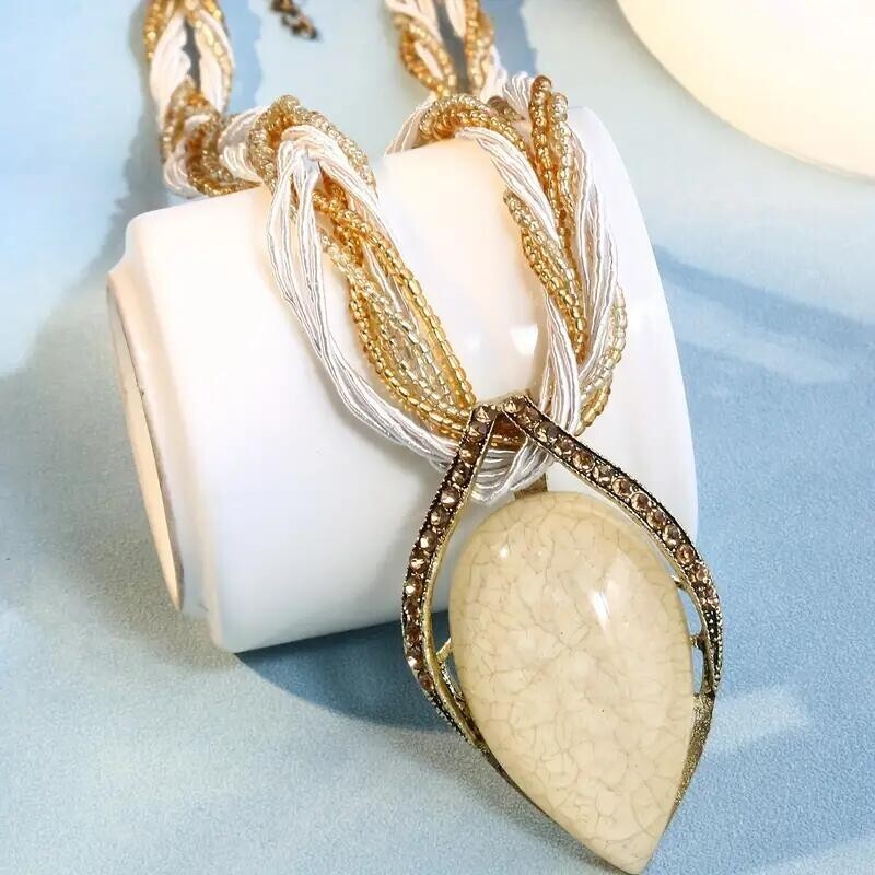 Unique Bohemian Beige Color Teardrop Pendant Necklace Handcrafted Jewelry Gift