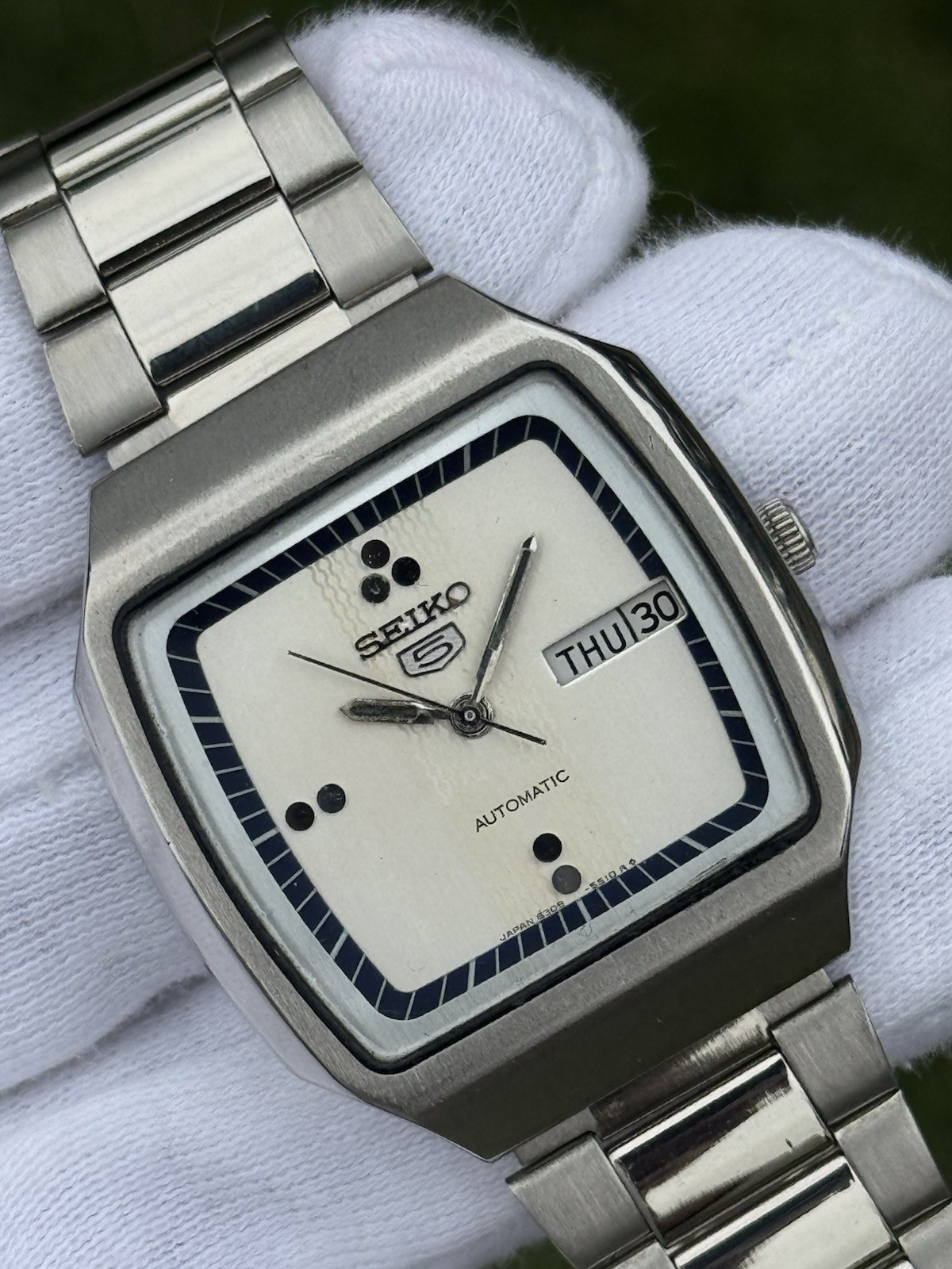 Vintage Seiko 5 Automatic 6309 Mens WristWatch Silver TV Dial Day Date Japan 21J