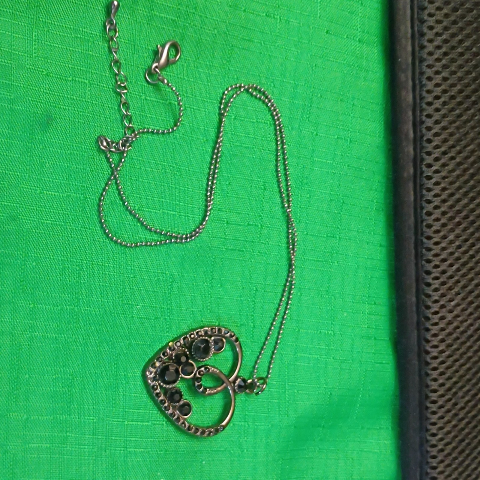 Black Crystal Heart Charm Pendant Necklace Silver Tone Ball Chain Lobster Clasp