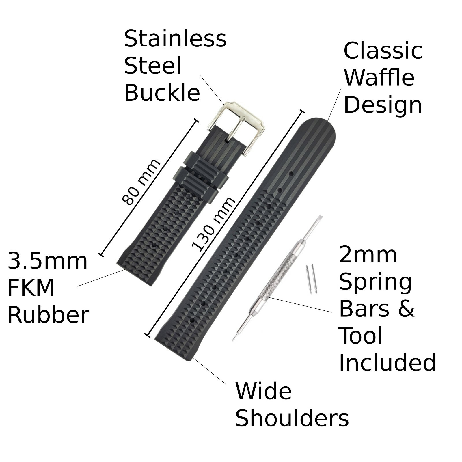 Waffle Watch Strap Band – Best Quality Black FKM Rubber – 20mm 22mm – Tools Incl
