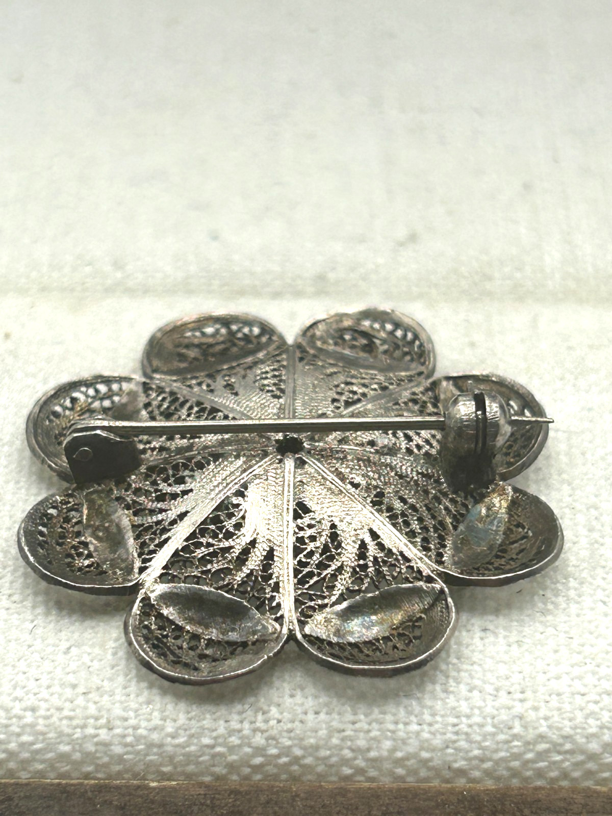 Antique 835 Silver Rocaille Flower Filigree Brooch.