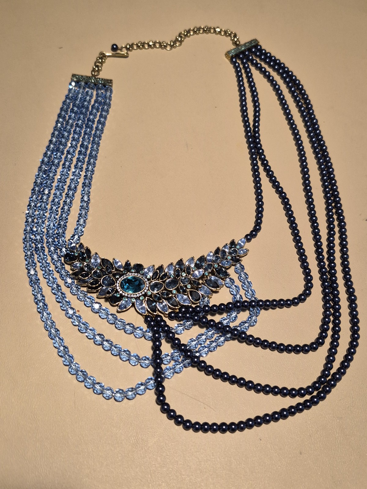 Heidi Daus Aqua and Dark Blue Multi Strand Necklace Blue Faceted Crystal Beads