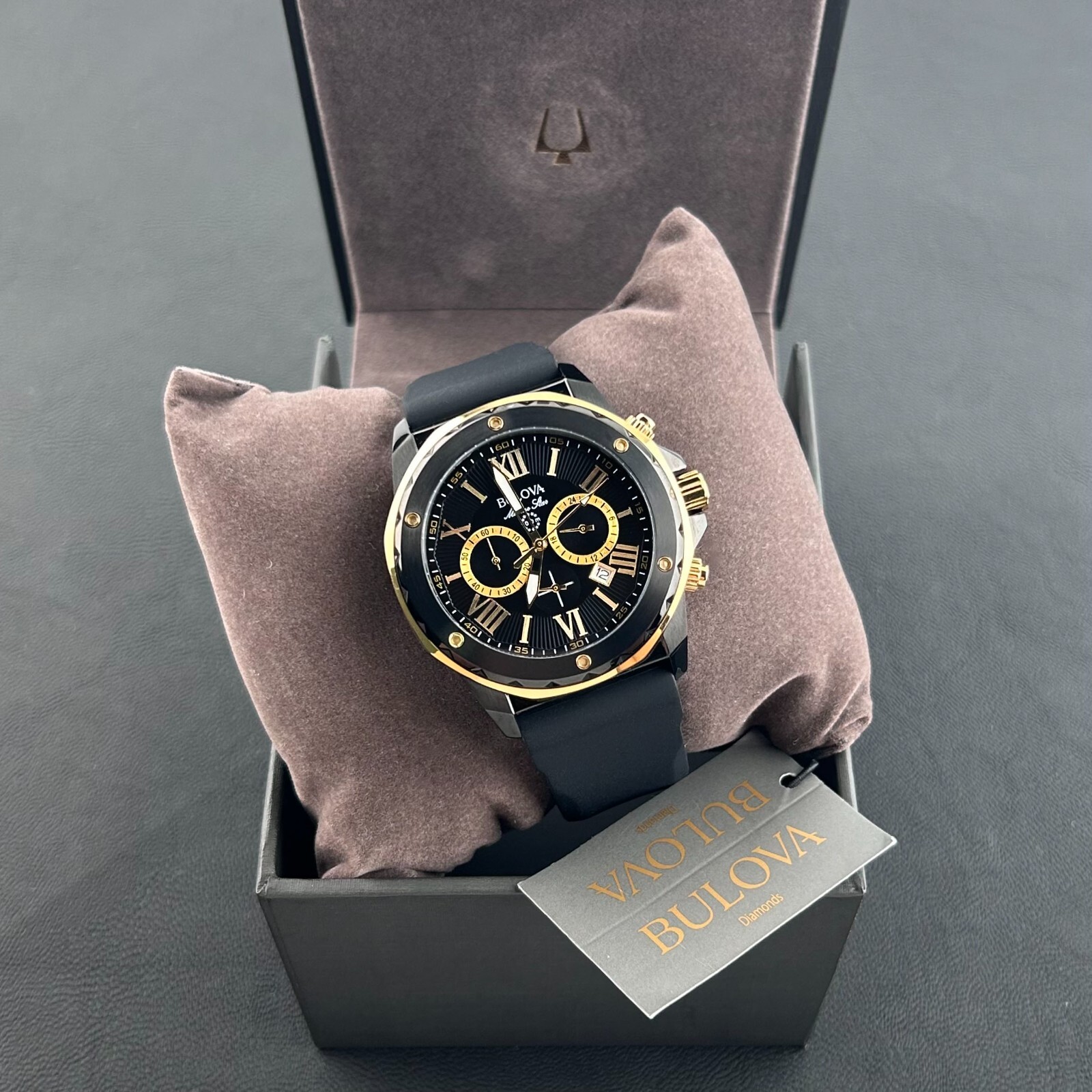 Bulova Marine Star Men’s Black Dial Black Rubber Strap 44mm Quartz Watch 98B278