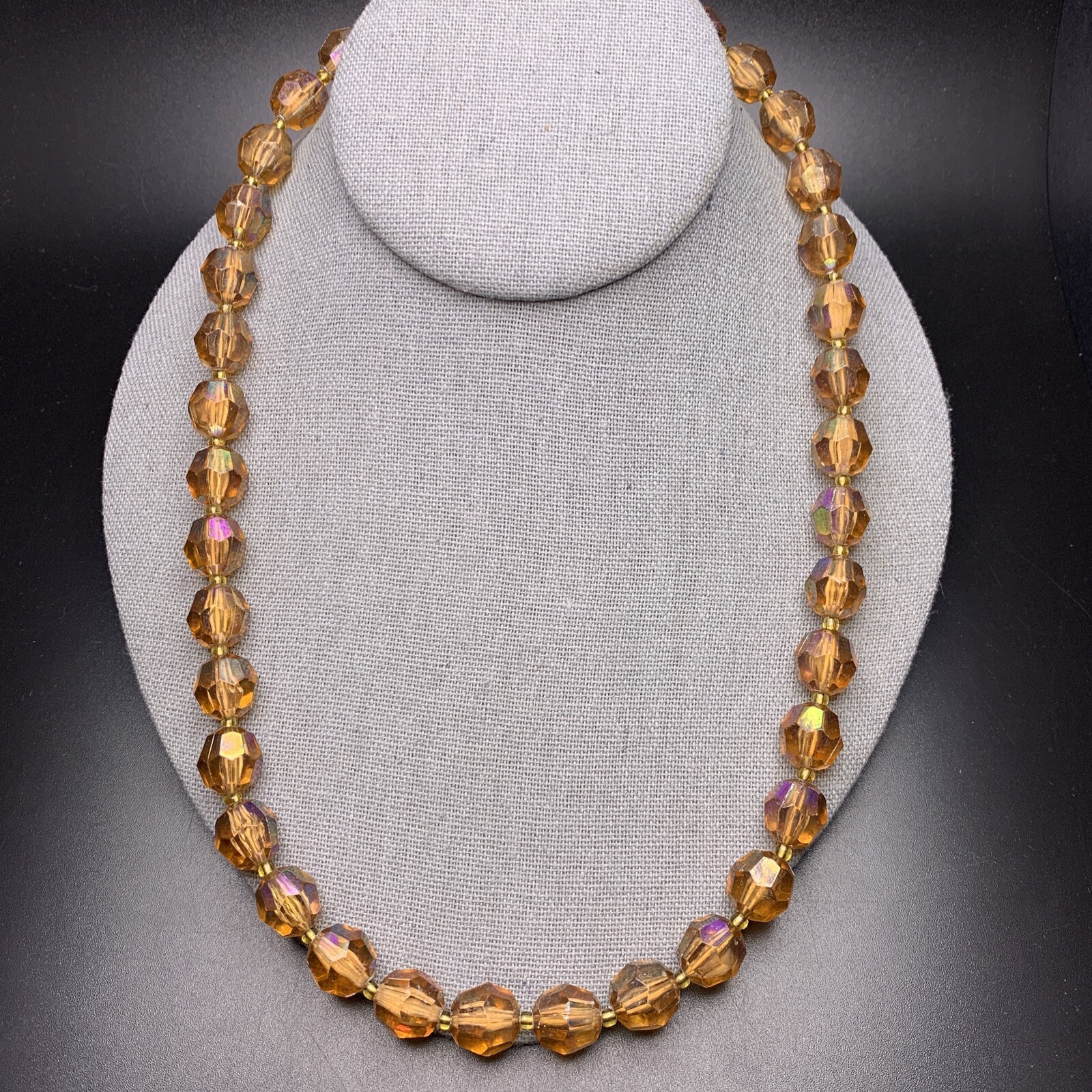 Honey Amber Tone Acrylic Bead Necklace Aurora Borealis AB Coated Beaded Vintage