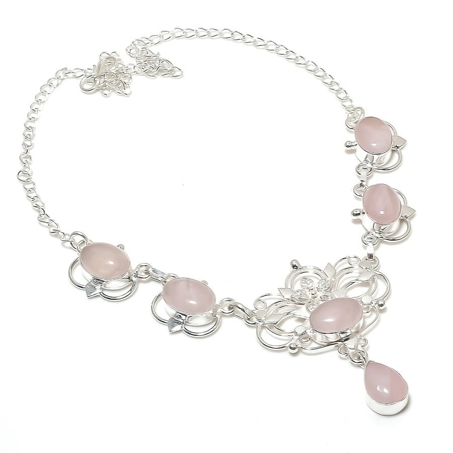 Pink Rose Quartz Gemstone Handmade 925 Sterling Silver Jewelry Necklace Size 18″