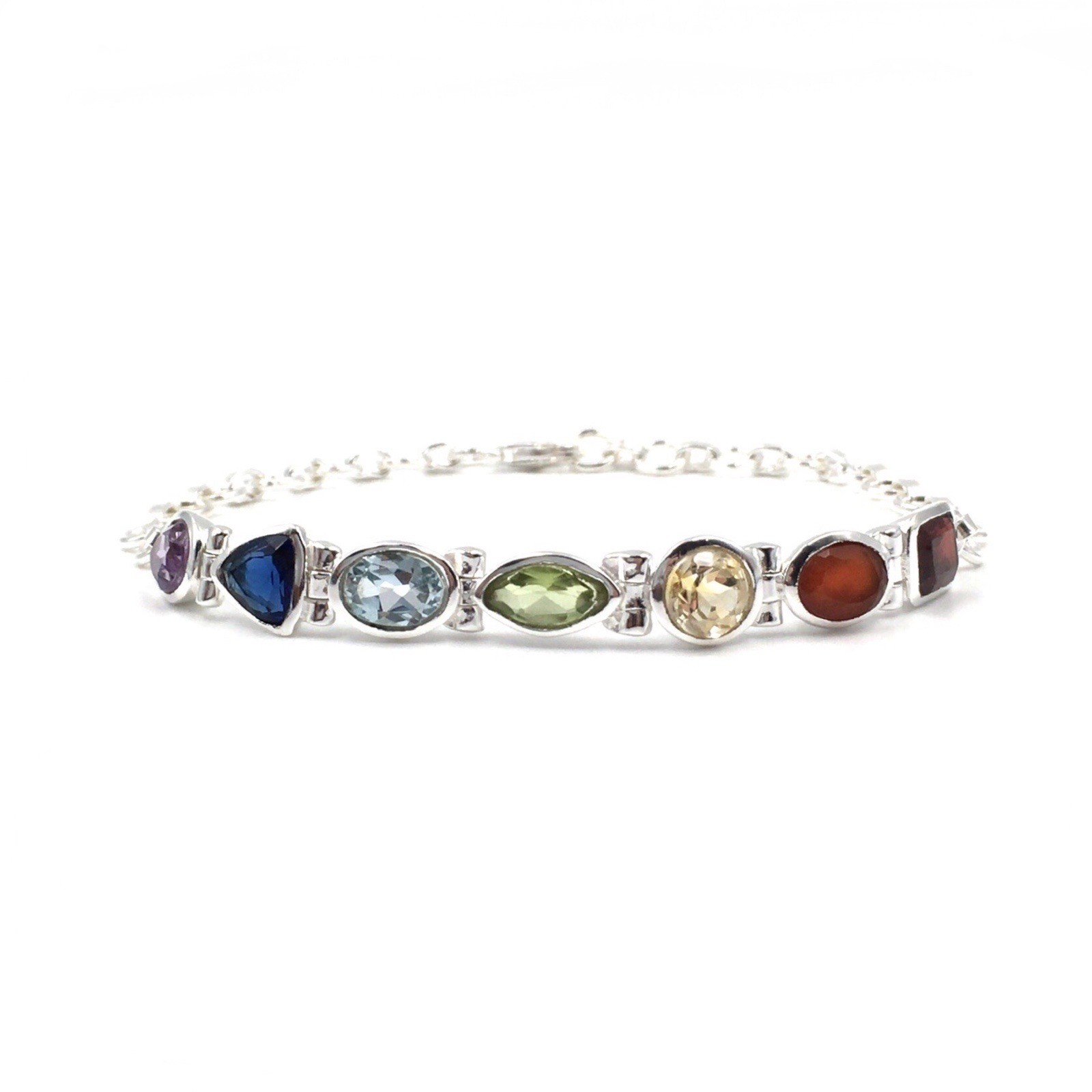 925 Silver Bracelet 18.5cm Colourful Gemstones Multicolour Jewellery Red Blue Green Yellow