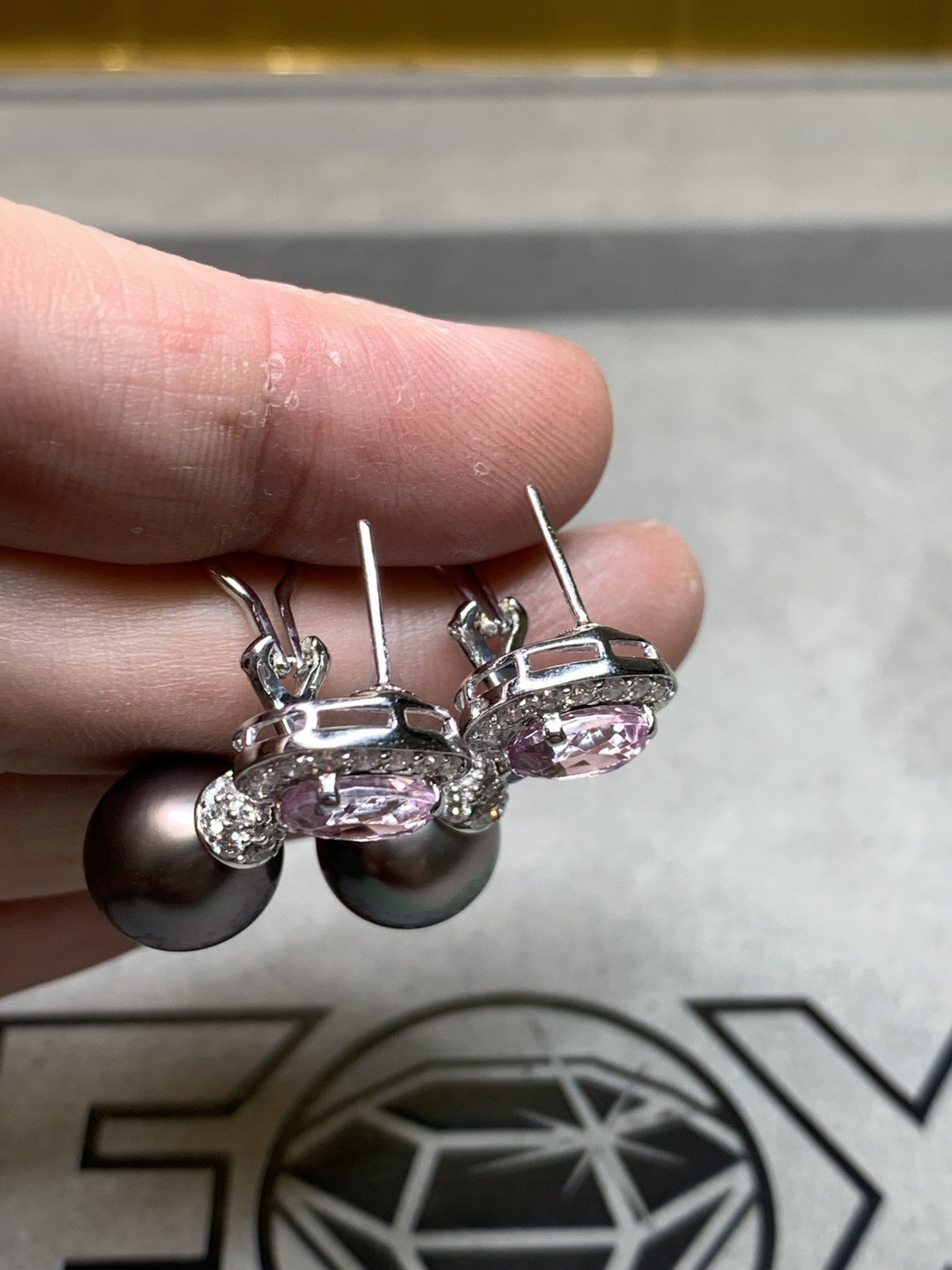 Contemporary 18K White Gold Kunzite Diamond Tahitian Pearl Drop Earrings 6.70ctw