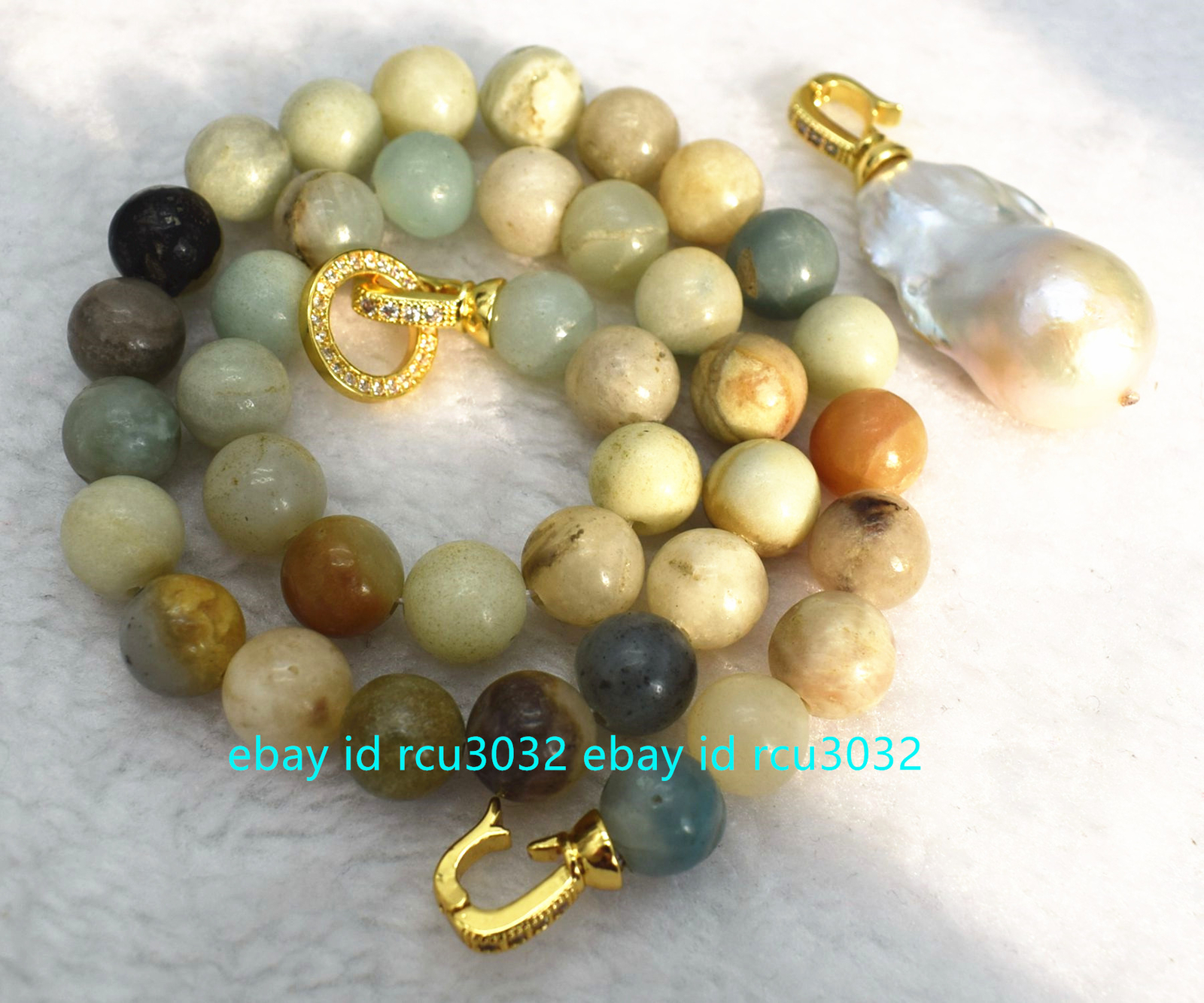 10mm Natural Multicolor Amazonite Gem White Keshi Baroque Pearl Pendant Necklace