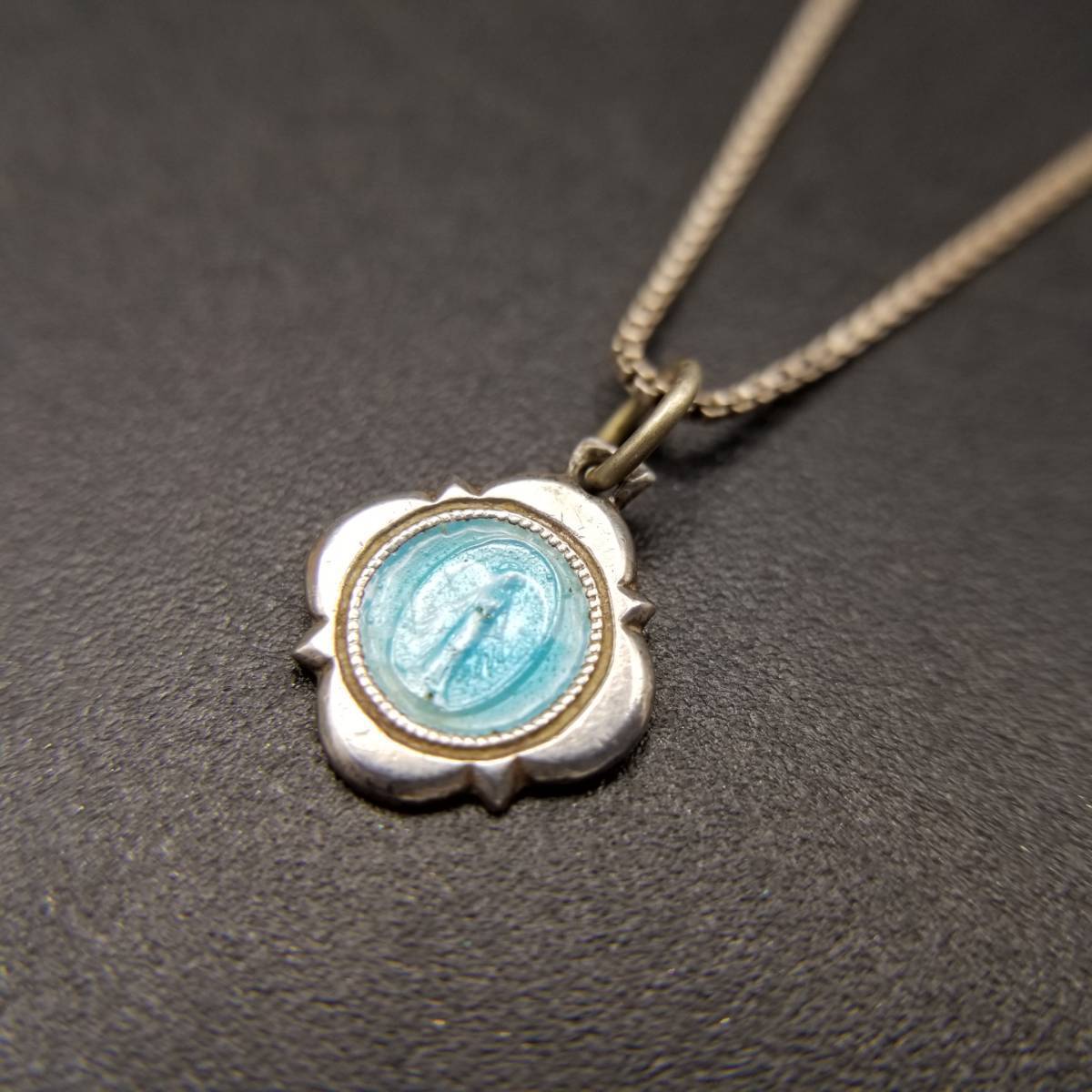 Mysterious Medal Light Blue Enamel Flower Frame Vintage Charm Religious Medal