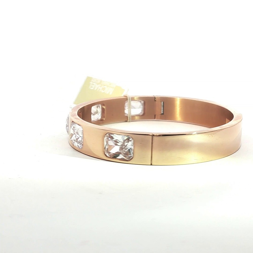NWT Michael Kors Rose Gold Tone Crystal Bangle Bracelet Hinged MK Logo Gift