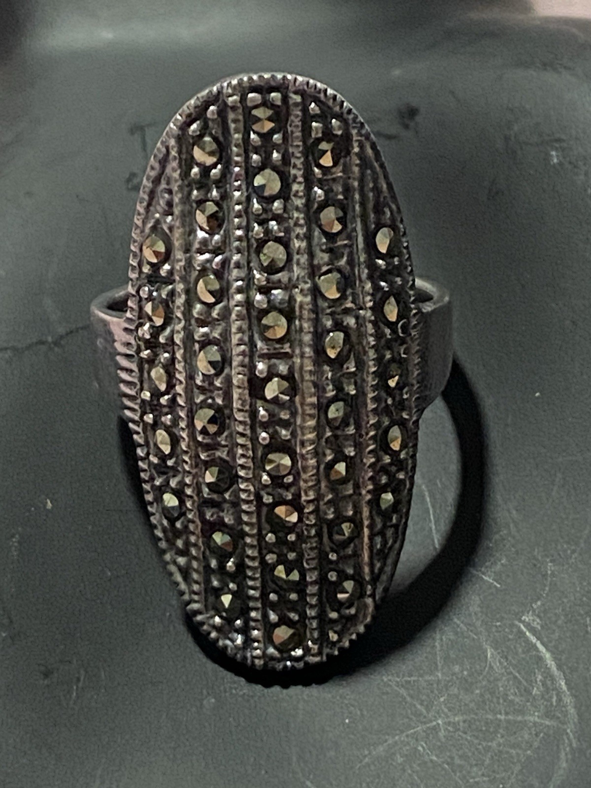 925 Sterling Silver Marcasite Full Finger Cocktail Ring Sz 6.5 Long Oval Armour