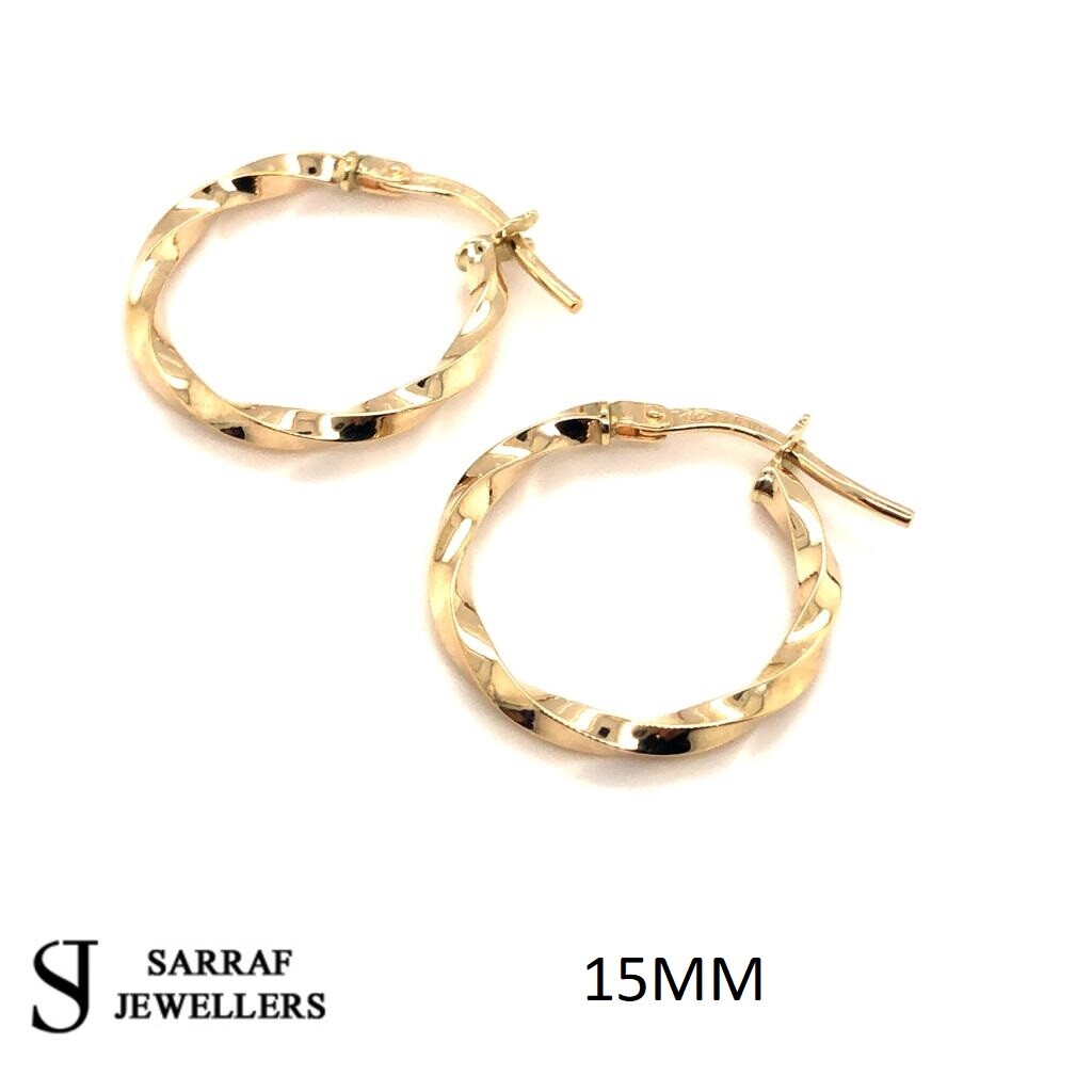 9ct Yellow Gold Twisted Womens Round Hoop Earring Pair 10mm 15mm 20mm 25mm 30mm