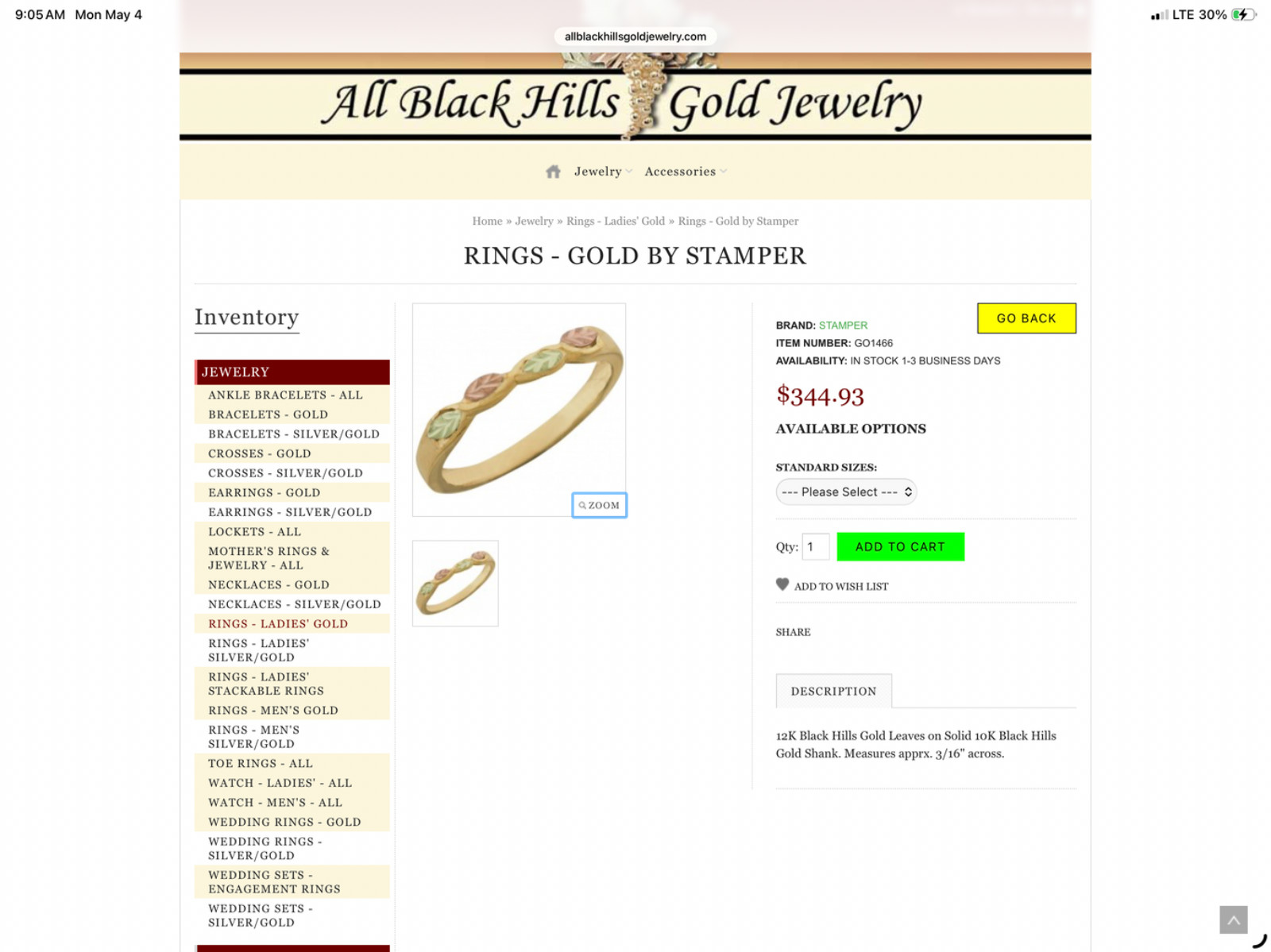 Black Hills Gold 10k Four Leaf Ladies Band Ring Size 6 1/2