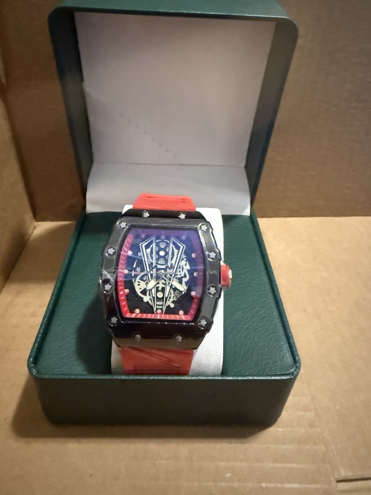 Men’s Tonneau Skeleton Analog Watch Black Case Red Rubber Strap w/ Box